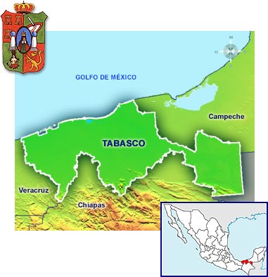 Map of Tabasco with an inset showing it location in Mexico