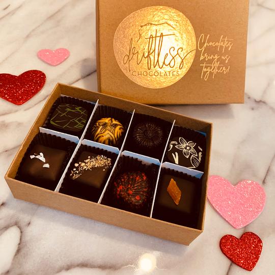 Driftless Chocolates box of eight bonbons with attractive decorations