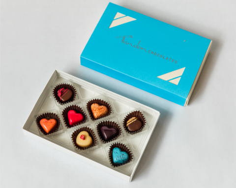 Tandem Chocolates box of eight bonbons in various colors and shapes