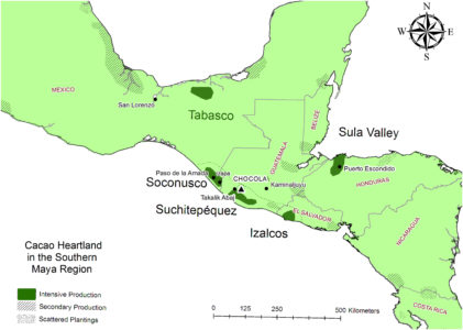 Map showing ancient “Cacao Heartland” in Soconusco, Suchitepequez, Izalcos in the Southern Maya Region, and other areas of cacao production.