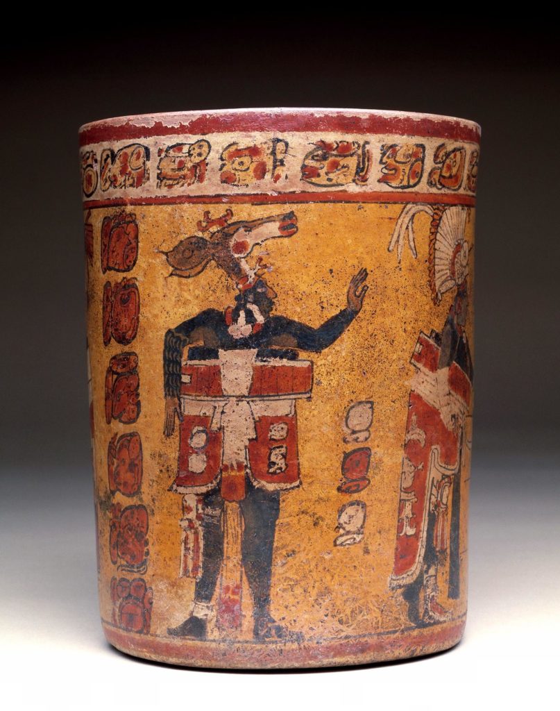 Cylindrical vessel with ritual ball game scene